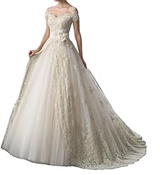 A-line Cap Sleeves Off the Shoulder Lace Ruched Pleated Applique Tulle Empire   Waistline  Dress with a Chapel Train 