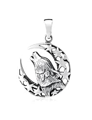 925 Sterling Silver Howling Wild Wolf Totem Amulet with Crescent Moon and Stars Pendant