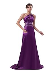 A-line Natural   Waistline Floor Length Satin One Shoulder Beaded Cutout Open-Back Lace Prom Dress  with a Court Train 
