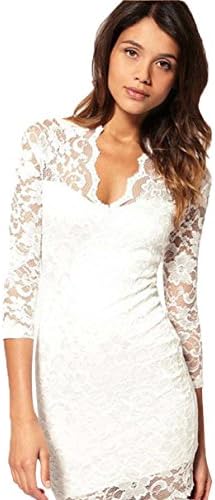 Rabbit Rachel Women's V Neck Floral Lace 3/4 Sleeve Cocktail Party Mini Dress (Small, White)