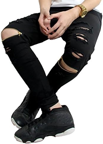 Bopstyle Mens Slim Fit Zipper Ripped Denim Skinny Jeans Black Skinny Casual Pants (33)
