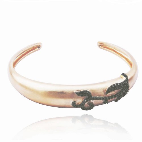 18k Yellow Gold Plated Sterling Silver Matte Finish Black Diamond-Accent Cuff Bracelet