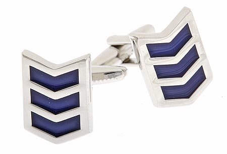 Rhodium plated and blue enamel chevron shaped cufflinks with presentation box