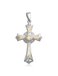 Bling Jewelry 925 Sterling Silver Gemstone CZ White Opal Religious Cross Pendant