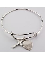Large Bangle Bracelet with Engraved Cross & Engravable Heart