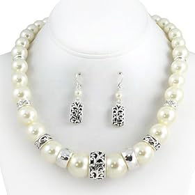 Silvertone Pearl Necklace and Earrings Set Fashion Jewelry: Jewelry