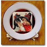 Vintage Halloween Little Girl Holding Black Cat - 8 Inch Porcelain Plate