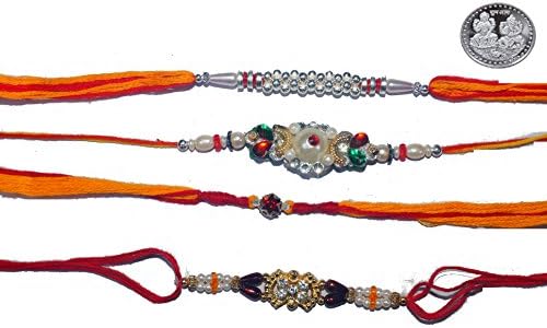 Set of 4 Rakhi Bracelets to USA - Raksha Bandhan Rakhi With Laxmi Ganesh Silver Plated Coin Free