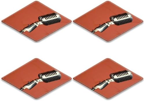 Microphone Ready To Sing Perform Square Coaster (4 Piece) Set Fabric Rubber 5 Inch Size Luxlady Coaster Cup Mug Can Water Bottle Drink Coasters Stain Resistance Collector Kit Kitchen Table Top Desk