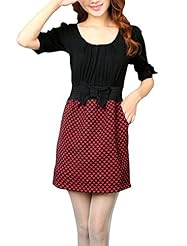 Cotton/Polyester  Stretchy  Scoop Neck Short Sleeves General Print Elasticized   Waistline Mini Dress  With a Bow(s) and Pearls