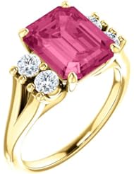 14K Yellow Gold 10.00x8.00mm Emerald Cut Pink Tourmaline and Diamond Ring -- LIFETIME WARRANTY