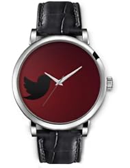 SPRAWL Aanalog Fashion Series Silver Ladies Watches of Genuine Black Leather Strap,Unique Wrist Watch for Women Girls Designed with Black pigeon on dark red background