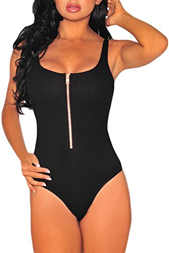 HOTAPEI Women Sexy Sleeveless Front Zipper Accent Teddy Bodysuit Medium Black