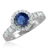 Diamond and Natural Sapphire Engagement Ring in Platinum Halo Ring (G, SI1, 1.56 cttw), 6mm