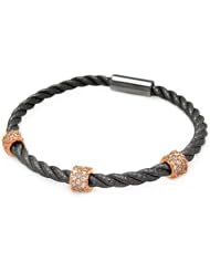 .925 Sterling Silver Black Rhodium Plated CZ 3 Bar Rose Gold Plated Cable Italian Bracelet Band with Magnetic Lock - 7" Inches