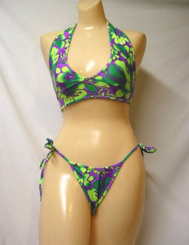 Junior Ladies Tie Side Bottom Bikini - Halter Top - Purple Hibiscus - Medium