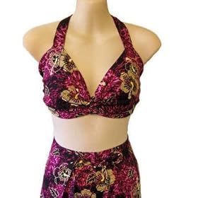Hawaiian Luau Party Batik Fuschia Halter Top Set Sarong Wrap Pants Beach Cruise