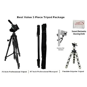 3 Piece Best Value Tripod Package For The CASIO EX-P600 EX-P700, Exilim EX-Z29, EX-S12, EX-FS10. EX-S5, EX-Z1, EX-Z270, EX-F1, EX-FZ300, EX-Z400, EX-FC100 Kit Includes 1 professional 75 Inch Tripod With Carrying Case, 1 Professional 67 Inch Monopod
