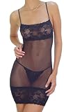 SpicySpot Sheer Chemise with Lace Trim and Matching Lace G-String, S