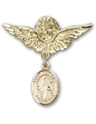 Gold Filled Baby Badge with St. Benedict Charm and Angel w/Wings Badge Pin