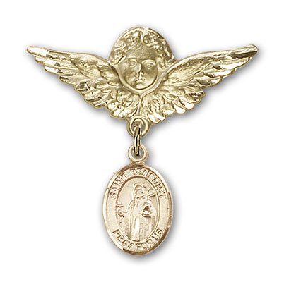 14kt Gold Baby Badge with St. Benedict Charm and Angel w/Wings Badge Pin