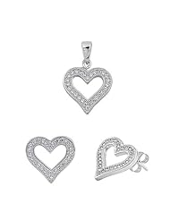 CZ Open Heart Pendant Necklace and Earring Set in Sterling Silver
