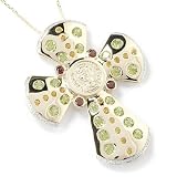 14K Gold Multi-Gemstone & Diamond Medallion Center Cross Pendant w/ Chain