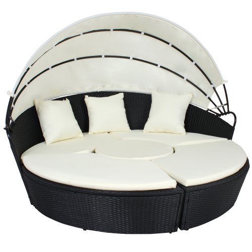 détail TecTake Chaise longue bain de soleil meuble salon de jardin en poly rotin Canapé de jardin rond transat avec parasol groupe de sièges NOIR