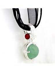 .925 Sterling Silver Pendant Oval 17X13.5MM Green Jade with 5mm Round Red Garnet Each Side