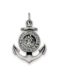 St Christopher Anchor Medal Pendant-Sterling Silver Antiqued Satin St Christopher Anchor Medal Pendant