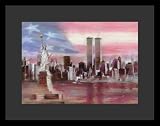 WTC (Statue of Liberty, Skyline, Flag Background) Art Black Wood-Mounted Poster Print - 11 X 17
