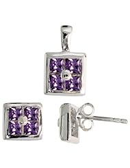 Sterling Silver Square-shaped Stud Earrings (6.5mm) & Pendant (11mm tall) Set, w/ Princess Cut Amethyst-colored CZ Stones