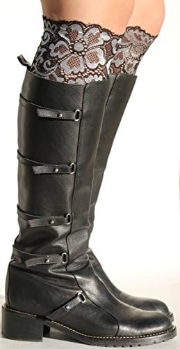 Womens Boot Leg Cuffs, Stretch Lace Soft Laced Boot Socks/Socks, Black Silver