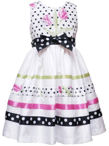 Rare Editions Girls 2-6X Dot/Floral Shantung Dress, White/Black/Pink/Lime, 4