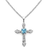 14k White Gold Clover Shaped Blue Topaz and Diamond Cross Pendant with Chain