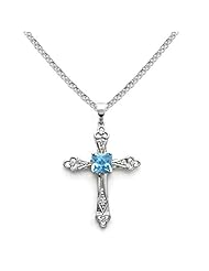 14k White Gold Clover Shaped Blue Topaz and Diamond Cross Pendant