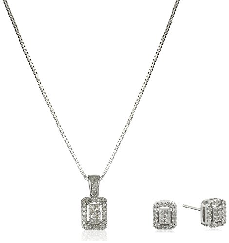 Sterling Silver Emerald Shaped Diamond Earrings and Pendant Necklace Set (1/3 Cttw, I-J Color, I2-I3 Clarity), 18"