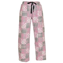 Pink Flannel Patchwork Madras Check Fun Print Novelty tie cord flannel cotton pants for lounging, sleep, sports. Unisex relaxed fit,