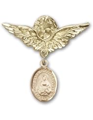 14K Gold Baby Badge with Marie Magdalen Postel Charm and Angel with Wings Badge Pin