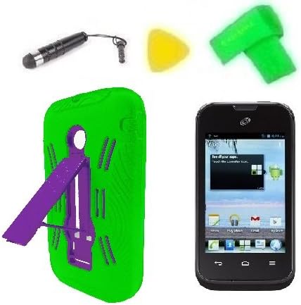 Heavy Duty Hybrid Phone Case Cover Cell Phone Accessory + Extreme Band + Stylus Pen + LCD Screen Protector + Yellow Pry Tool for Straight Talk TracFone Huawei H868C H8686C (Green/Purple)