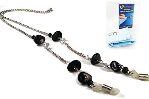 Bundle - Decorative Beaded Eyeglass Holder Necklace with a Microfiber Optical Cleaning Cloth (Onyx)