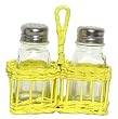 Hand Woven Lemon Yellow Painted Willow Basket with Glass Salt and Pepper Shakers 5"H - Two Sets