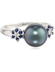 10k White Gold Black Tahitian Cultured Pearl with Diamond and Sapphire Accent Ring (0.05 cttw, H-I Color, I2-I3 Clarity)