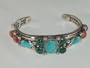 Native American Turquoise Coral and Malachite Sterling Silver Bracelet - BR-0031