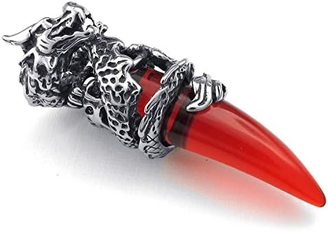 Mygoodie Jewelry Mens Gothic Dragon Tooth Rhinestone Stainless Steel Pendant Necklace, Red, 18-26 inch Chain