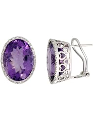 14k White Gold Large Stone French Clip Earrings, w/ 0.33 Carat Brilliant Cut Diamonds & 21.00 Carats 16x12mm Oval Cut Amethyst Stone, 3/4" (19mm) tall