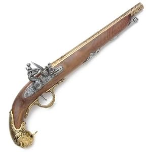 18th Century German Sea Dog Naval / Pirate Flintlock Pistol - Wood and Metal Replica Gun with Antiqued Brass / Silver Tone Metal Parts Covered with Elaborate Designs