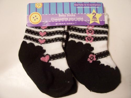 Max Grey Baby Socks with Glitter ~ Set of 2, 12-18 Months (White Ballet Socks with Pink Glitter Hearts; Pink Glitter Flowers)