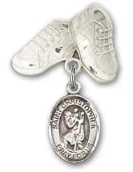 Sterling Silver Baby Badge with St. Christopher Charm and Baby Boots Pin