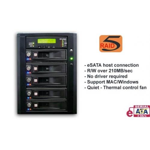 Five SATA tray-less hardware RAID5/JBOD enclosure with USB/eSATA/FireWire